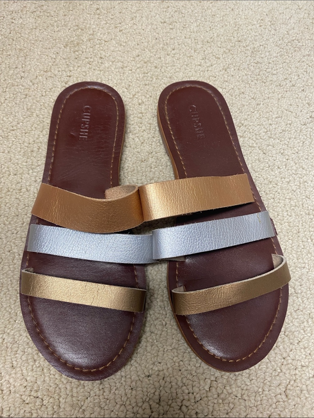 Cupshe Metallic Multi-Strip Slide Sandals in Bronze, Gold & Silver